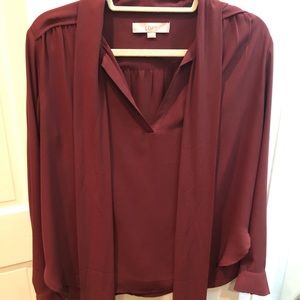 Loft Maroon Long Sleeve Tie Blouse